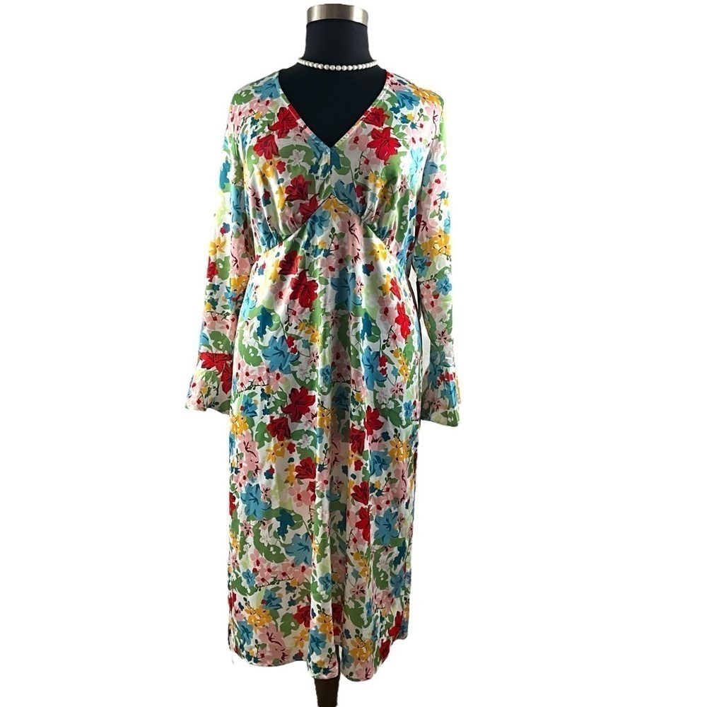 Eloquii Satin Multi Colored Floral‎ Bell Sleeve Midi Plus Size Dress